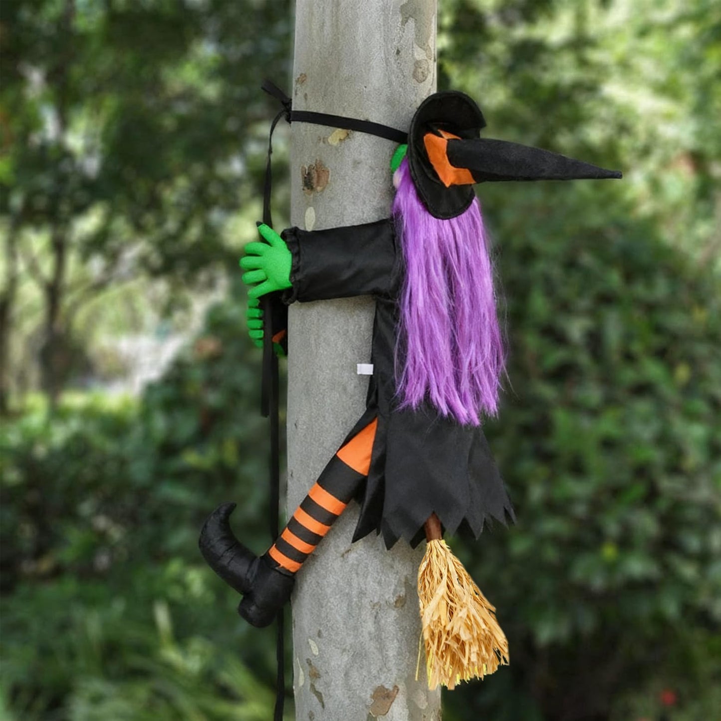 Huoety 54" Crashing Witch Halloween Decoration – Flying Witch on Broom Colliding with Tree for Outdoor Yard, Porch, Garden, and Haunted House Décor – Betty Bash Large Halloween Prop