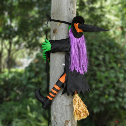 Huoety 54" Crashing Witch Halloween Decoration – Flying Witch on Broom Colliding with Tree for Outdoor Yard, Porch, Garden, and Haunted House Décor – Betty Bash Large Halloween Prop