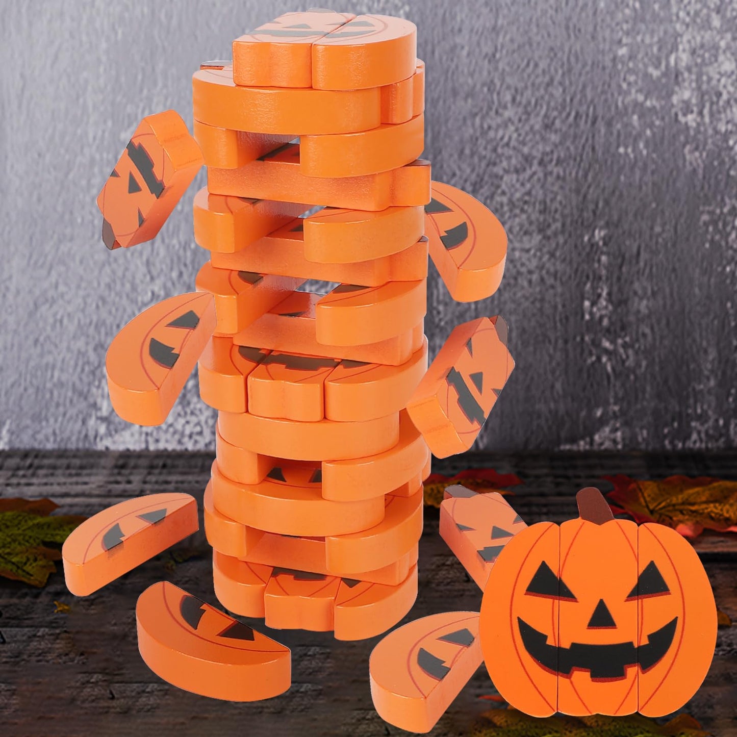 COCHIE Halloween Game for Family Adults, Wooden J-O-Lantern Blocks Stacking Tower Games, Tumbling Tower Balancing Pumpkin Blocks Halloween Party Game Activities Gifts (Pumpkins)