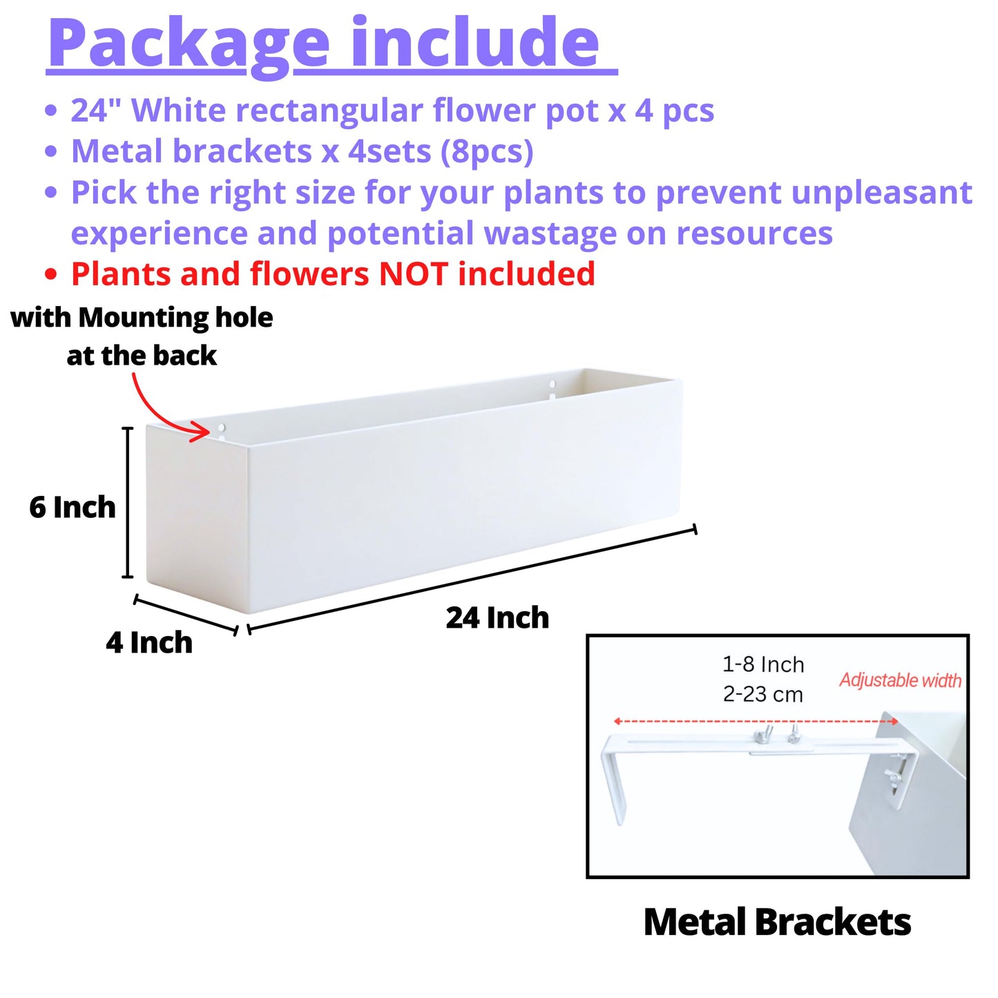 LaLaGreen Planter Boxes Outdoor (24 Inch, 4 Pack) White Metal Rectangular Railing Flower Box with Brackets, Deck Railings Planters Fence Balcony Patio Porch Plant Holder Stylish Garden Decor Over Rail