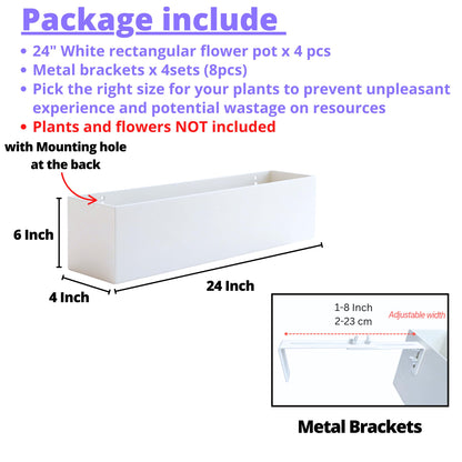 LaLaGreen Planter Boxes Outdoor (24 Inch, 4 Pack) White Metal Rectangular Railing Flower Box with Brackets, Deck Railings Planters Fence Balcony Patio Porch Plant Holder Stylish Garden Decor Over Rail