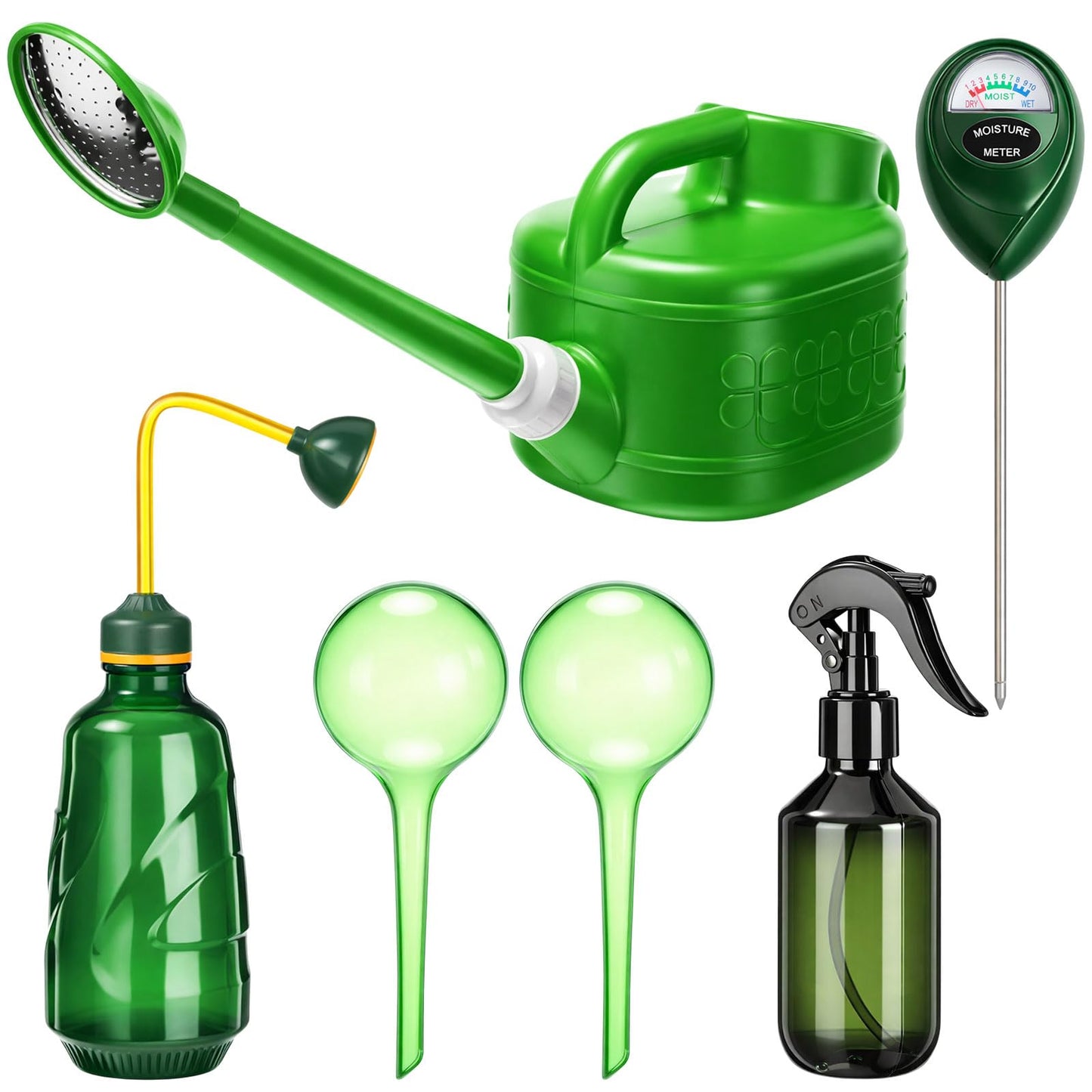 Reallnaive 6-piece Indoor Watering Can Set – 1 Gal Can, 6.8 oz Spray, 15 oz Squeeze, Plant Watering Globes & Soil Moisture Meter, Indoor & Outdoor Plant Care(Fluorescent Green)