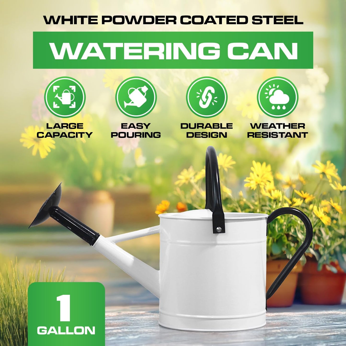 Plexon Metal Watering Can Outdoor 1 Gallon, Flower Plant Gardening Garden Large Watering Can Pot, Black Galvanized Steel Handles and Removable Spray Spout, White