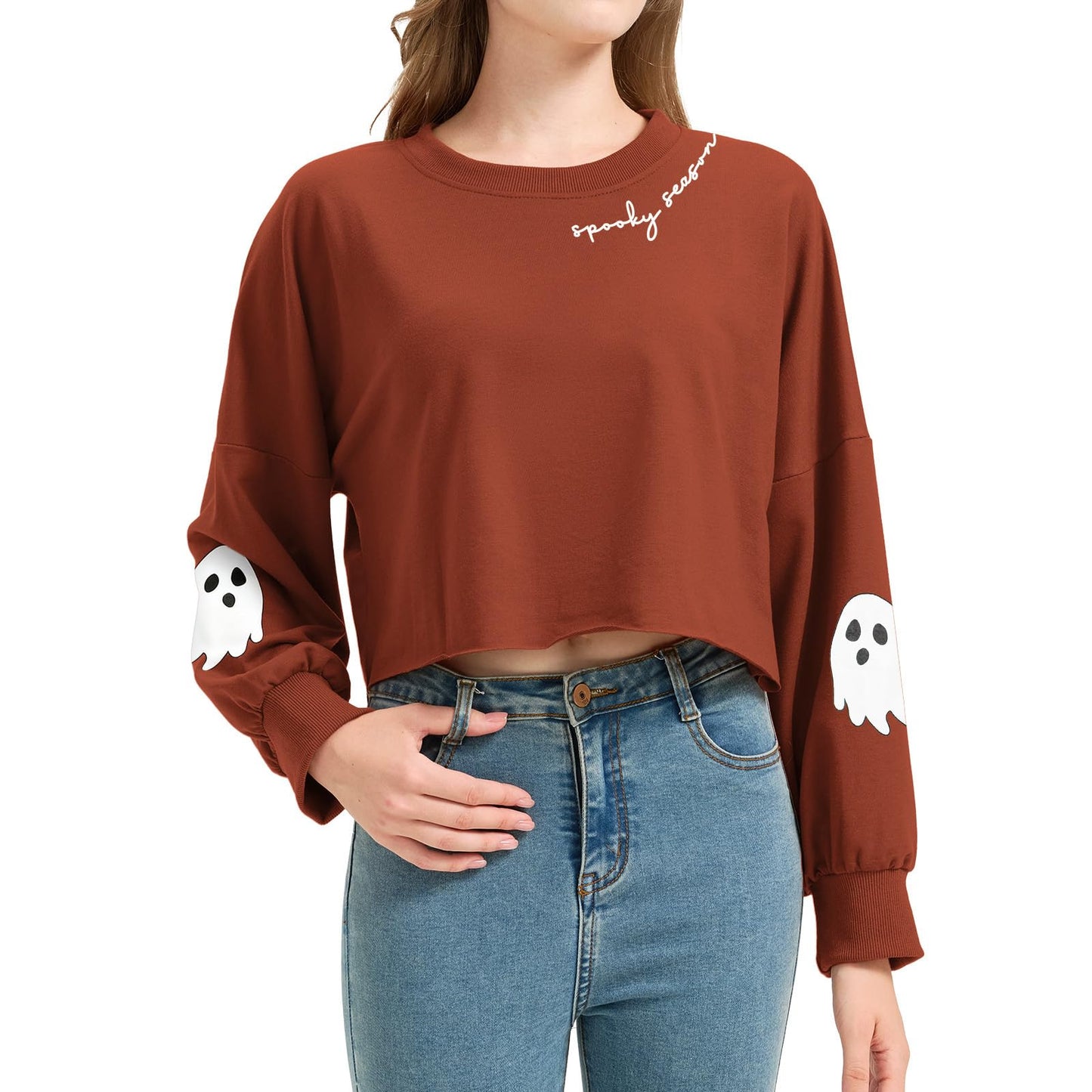 Jliqt Women's Funny Ghost Graphic Crop Sweatshirt Halloween Lantern Long Sleeve Pullover Fall Family Matching Tops(M,Brown 6)