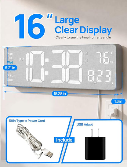 MASHI 2026 Upgrade Digital Wall Clock, 16" Large Display Digital Clock with Remote Control, Auto-Dimming Wall Clock with Night Light, DST, Date Week,Temp for Living Room, Gift for Elderly (Grey)