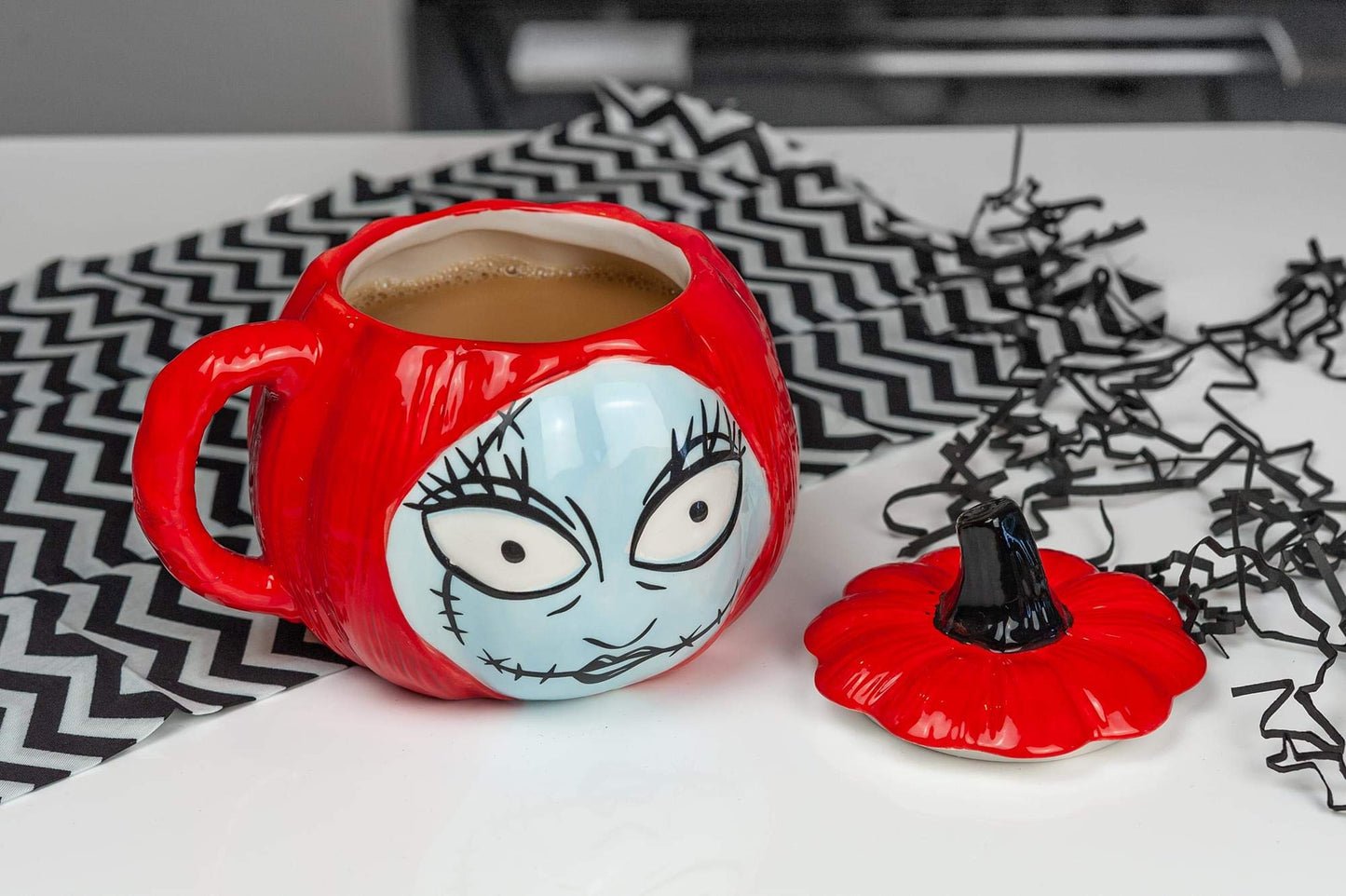 Nightmare Before Christmas Sally Pumpkin-Shaped Sculpted 26 Oz Ceramic Mug With Lid & Handle - Fun Novelty Gift Idea Inspired by Tim Burton’s Creepy Stop-Motion Animated Musical Fantasy Film