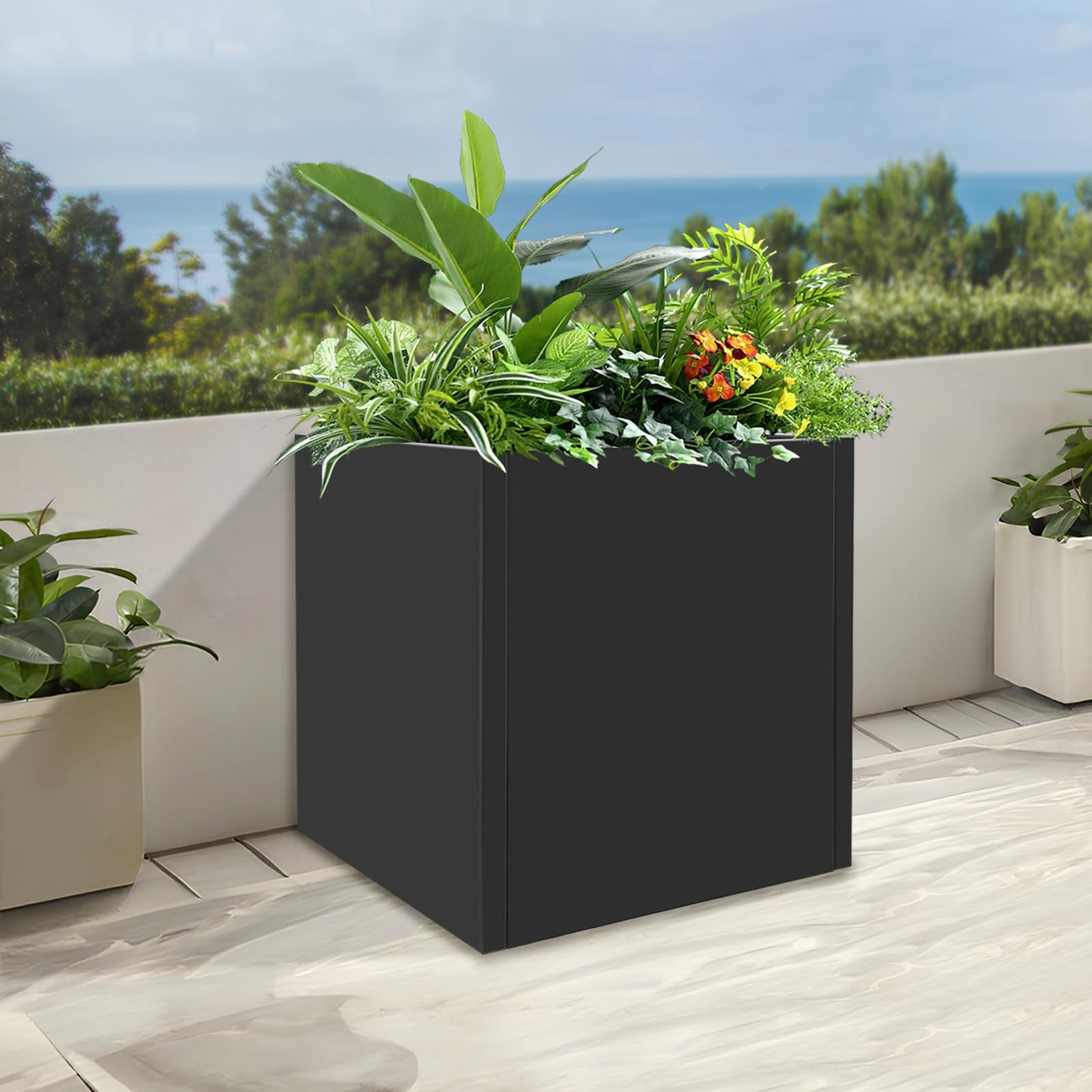 CNCEST Modern Square Steel Planter Box Heavy Duty Galvanized Metal Raised Garden Bed Cube Planter Large Easy Assembly Weather Resistant Indoor Outdoor Patio Balcony Decor (Black, 17inch)