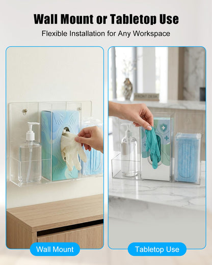 Triple Hygiene Dispenser Station, Clear Acrylic 3-Compartment PPE Organizer for Masks, Gloves & Hand Sanitizer, Wall Mount or Tabletop Hygiene Supply Holder for Office, Clinic, Restaurant, School
