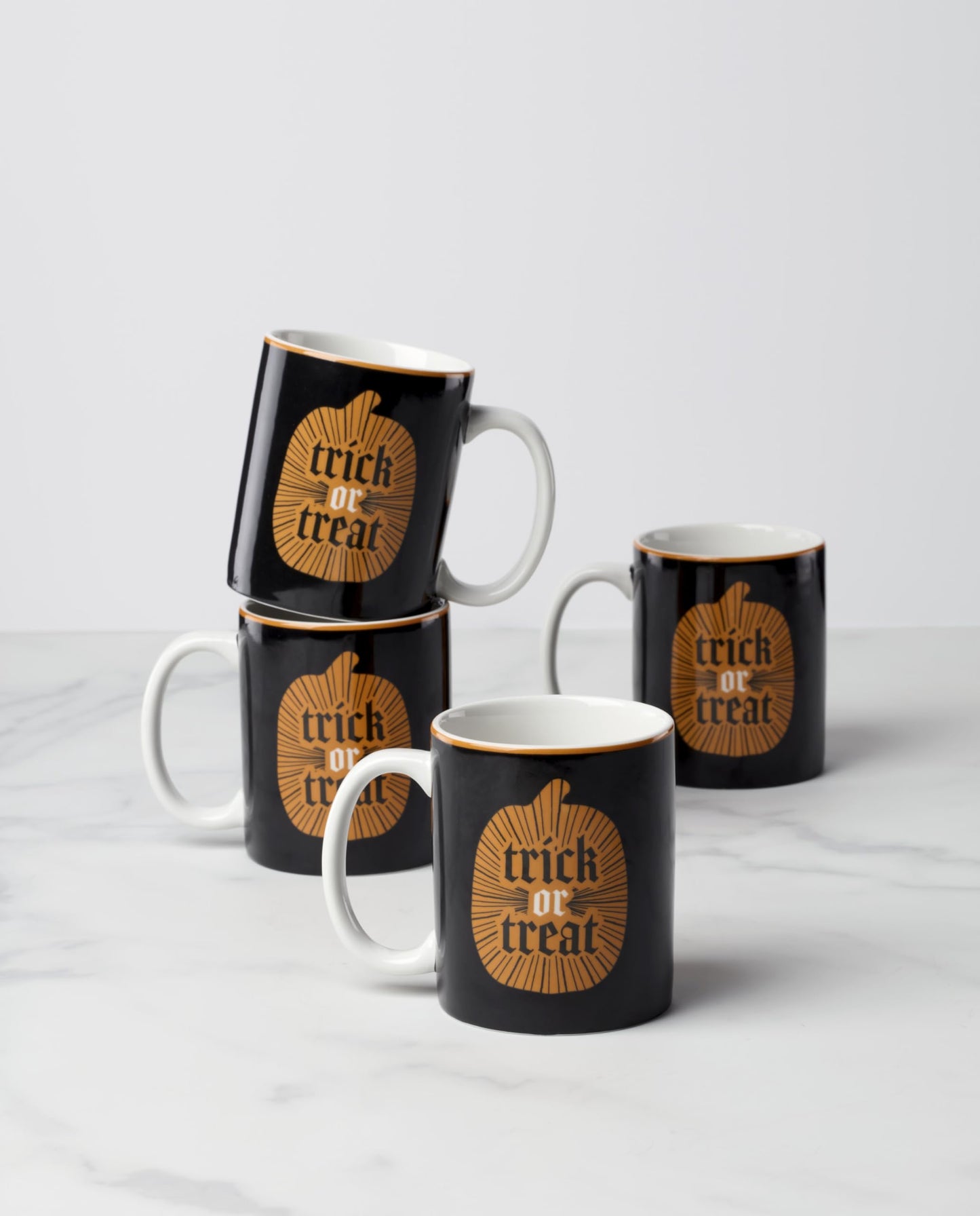 Oneida Coffee Mugs, Vintro Halloween Trick or Trick 10 Oz Mugs Set of 4, Porcelain, Spooky Drinkware Set, Dishwasher Safe, Microwave Safe, Halloween Decor Indoor, Pumpkin Decor (Orange/Black, 4 Piece)