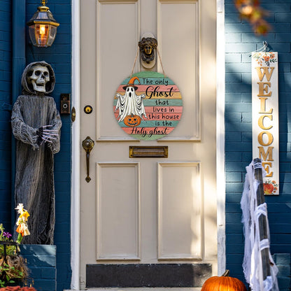 Halloween Holy Ghost Sign, Spooky Wooden Front Door Hanger Decorations, Welcome Signs Hanging Wall Decor for Porch Farmhouse Indoor, Halloween Party Supplies-09