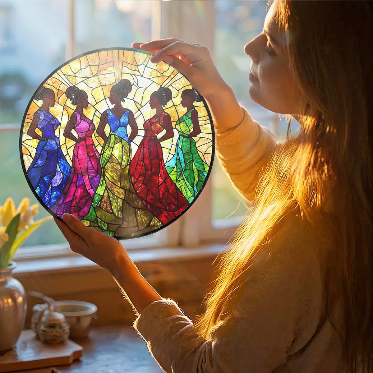 Greatingreat Stained Glass Window Hanging, Home Room Decor 7.8 Inch African American Women Sun Catchers Indoor Window, Cultural Wall Art Home Decor for Women Mother's Day