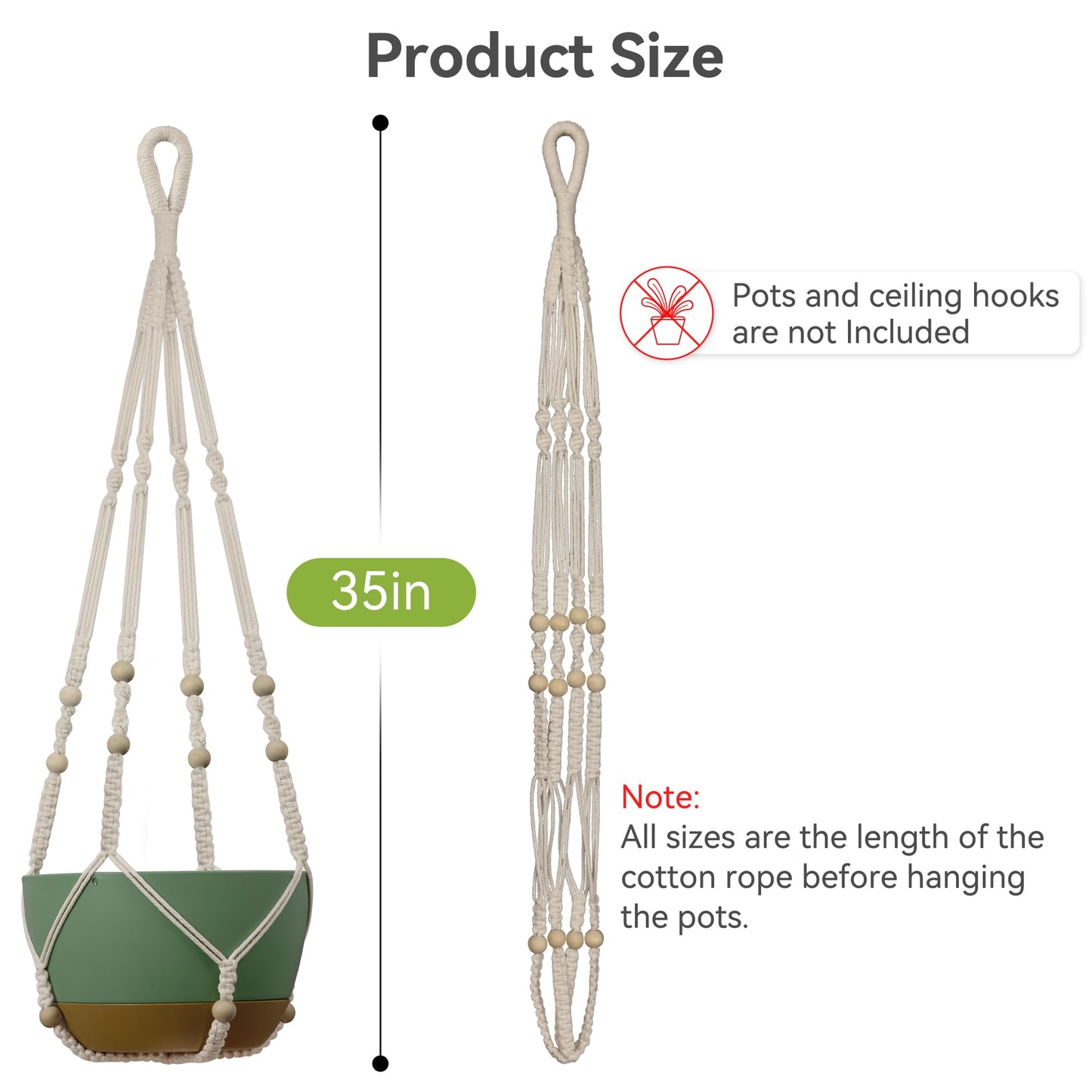 USLAI Macrame Plant Hanger Indoor Outdoor, Fits 4 to 15 Inch Pots, Strong Hanging Planter Holder, Boho Home Decor, 35 Inch, Ivory, Set of 2 (POTS NOT Included)