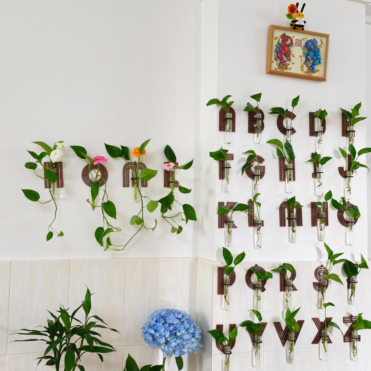 Win Letter Wall Propagation Planters Test Tubes Wall Decor for Hanging Plants Clear Water Plant Vase Brown Wood Upletter Alphabet Functional Art Boho Set of 3