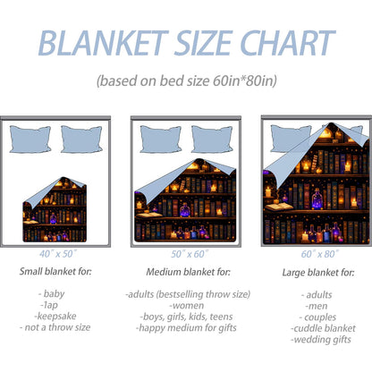 TRYYN Magic Book Flannel Throw Blanket Potion Bottle Candle and Bookshelf Pattern Dark Fantasy Decor for Dreamy Lovers Cozy Lightweight Fleece Blankets Bedroom Reading Nook Gifts, 50x60inch