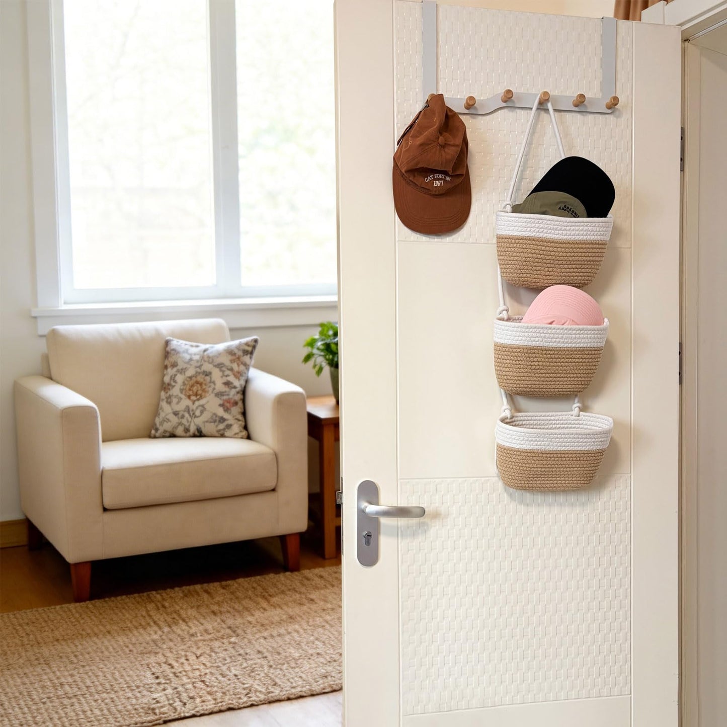 3-Tier Decorative Cotton Rope Hanging Basket, Wall-Mounted Woven Storage Organizer Bag, White + Jute