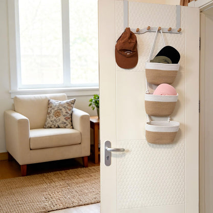 3-Tier Decorative Cotton Rope Hanging Basket, Wall-Mounted Woven Storage Organizer Bag, White + Jute