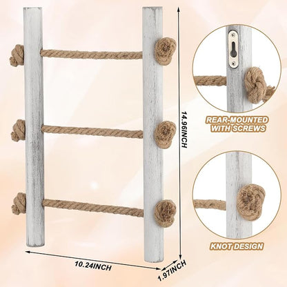 Junkin Ladder Rustic Hand Towel Holder Whitewashed Solid Wood and Rope Farmhouse Bathroom Decor Small Blanket Ladder Wall Mounted Towel Rack for Home Bathroom Decor