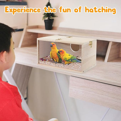Rypet Parakeet Nesting Box Transparent Design, Thwartwise Bird Nest Breeding Box with Perch Wood Bird Cage House for Cockatiel Lovebirds Budgie Finch Parrotlets Canary M