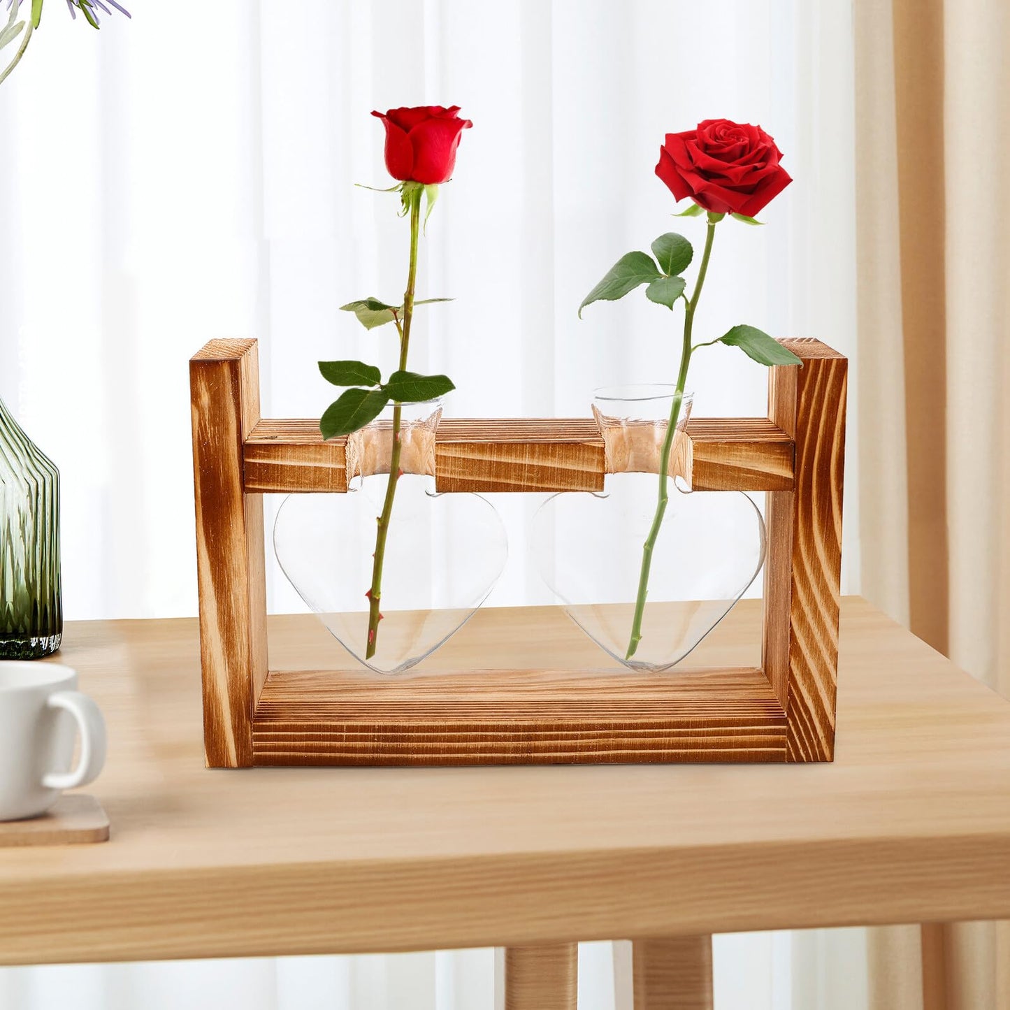 Abaodam Heart Shaped Hydroponic Glass Vase with Wooden Frame Stand, Desktop Plant Propagation Station for Indoor Terrarium and Flower Centerpiece Decor