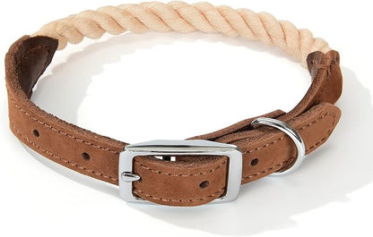 Mile High Life Genuine Leather Dog Collar, Durable Braided Cotton Rope Collar with Metal Pin Buckle for Small Medium Large Dogs (Light Brown, L Neck 17"-21")