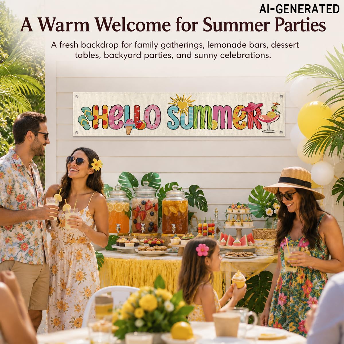 Summer Porch Banner Decor, Hello Summer Fun Wall Hanging with Ice Cream Beach Cocktail Design, Seasonal Entryway Doorway Hallway Home Accent 48x9 Inches