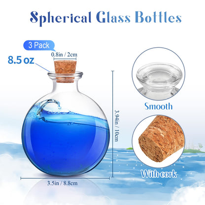 Tessco for you 3 Pcs Round Glass Bottles 8.5 oz Potion Bottles Clear Spherical Decorative Jars for Liquor Candy Potpourri Halloween Christmas Decoration DIY Art Crafts Gift(Classic)