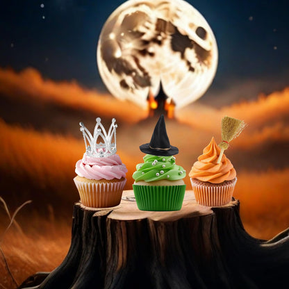 XLENGO 18 Pcs Witch Birthday Cupcake Toppers, Witch Hat Cake Topper Crown and Broom Cake Decorations for Witch Themed Birthday Party Supplies