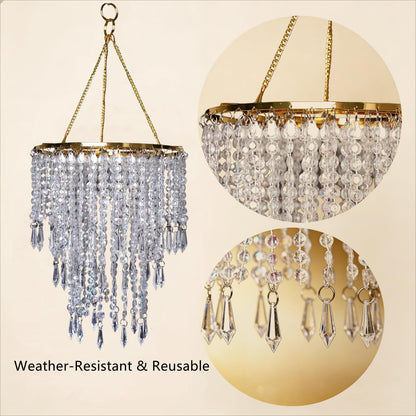 Vectolum Crystal Beaded Chandelier Shade, Gold Lamp Shade with Multi-Tiered Crystal Droplet Strands, Decorative Pendant for Home Decor, Wedding Centerpieces & Parties, 9.65 x 11.8 Inch