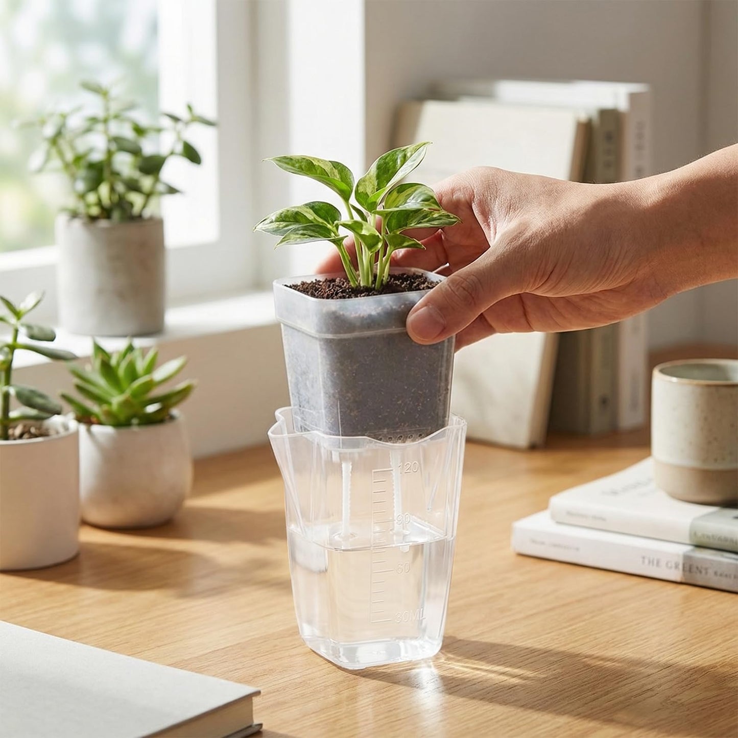QCQHDU Clear Mini Indoor Greenhouse with Magnetic Door, Grow Light and Hygrometer, 15-Pack 2 Inch Mini Self Watering Pots