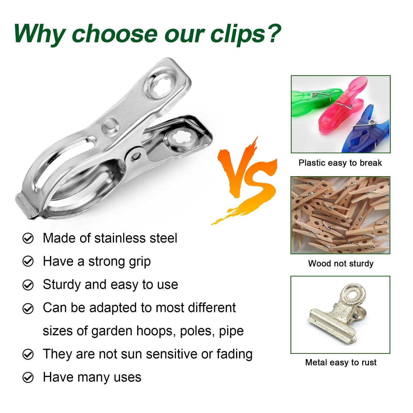 Samhopo 60 Pcs Row Cover Clips, Garden Clamps for Netting, Greenhouse Clamps Made of Stainless Steel, Have a Strong Grip of Greenhouse Clips, For 1/2'', 3/4'', 1'' Garden Hoops or Pvc