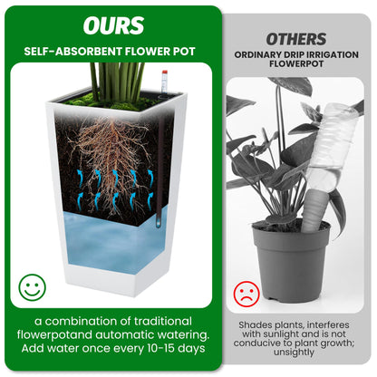 PeakPursuit 16" Tall Planters Set of 2, Outdoor＆Indoor Black Planter Pots, High Front Porch Planter Pots with Drainage Holes＆Water Level Monitor＆Inner Bucket, Automatic Watering, White