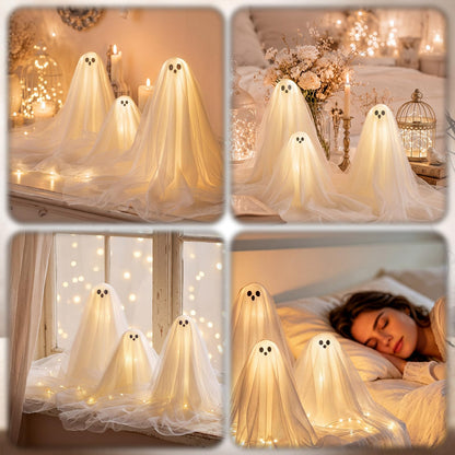 Woanger 3 Pieces Lighted Halloween Ghost Table Decor with LED Light Strip White Spooky Ghost Tabletop Lamp on Wooden Base for Indoor Halloween Party Mantel Shelf Home Decorations