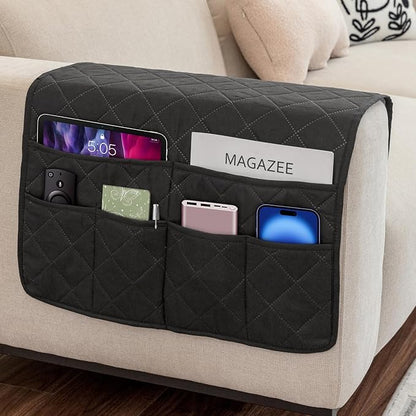 Remote Control Holder for Recliner Armchair Caddy Couch Armrest Organizer, Non-Slip Arm Chair Bedside Caddy Storage Organizer for Recliner Couch With 6 Pockets for Magazine, Phone, iPad (Black)