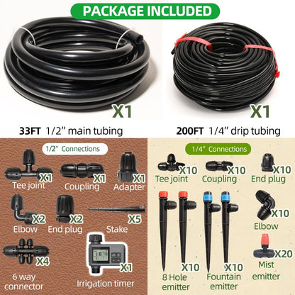 233FT Drip Irrigation System with Timer for Garden Kit Automatic Irrigation Equipment Lock Fittings Micro Drip 360 Degree Fan Sprayer Watering Kit for Greenhouse 1/2 inch 1/4 inch Tubing
