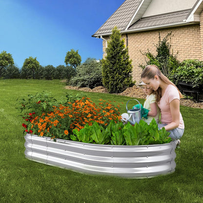 Patiobay Raised Garden Bed, 6x3x1ft Galvanized Outdoor Planter Beds with Safety Edging and Gloves, Oval Metal Planter Box for Gardening Vegetables Flowers Herb-Silver