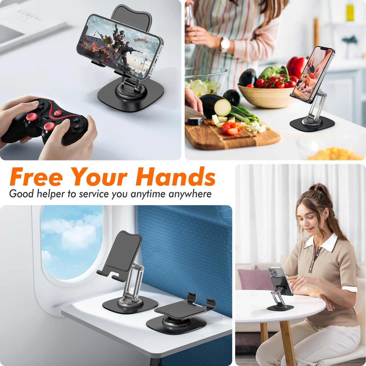 ZTGYGY Metal Phone Stand for Desk, Adjustable Foldable Desktop Phone Holder, 360 Degree Rotating Cell Phone Stand for Recording Compatible with iPhone 17 16 15 14 13 12 11 Pro, Black