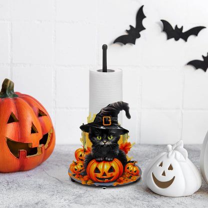 MorningRo Halloween Black Cat Paper Towel Holder Metal Halloween Kitchen Decor Accessories Farmhouse Pumpkin Paper Towel Stand for Countertops Bathroom Cat Pumpkin Gifts