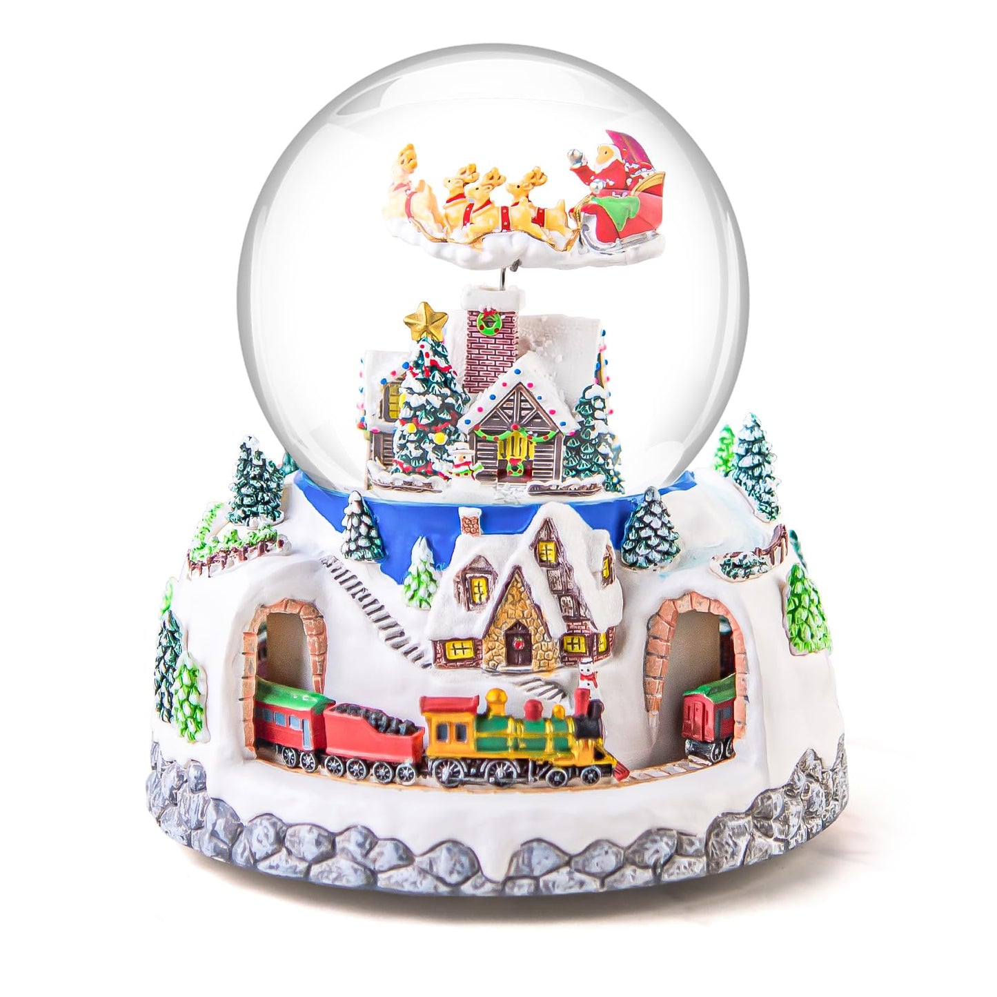 Musical Rotating Santa Claus Flying Over Village,Automatic Snowfall,Train, Christmas Snow Globe Music Box Gifts, for Women Wife Mom Girlfriend Daughter, Xmas Present,Plays 48 Classic Christmas Carols