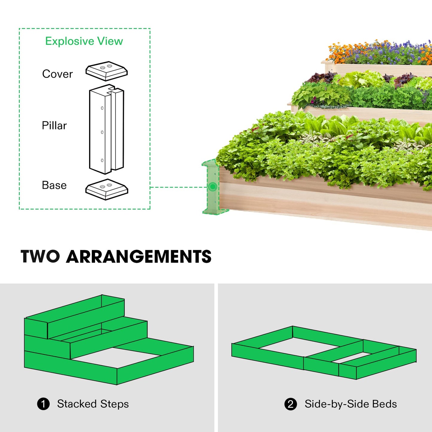 VIVOSUN 3-Tier Wooden Raised Garden Bed, 48 x 48 x 21 Inches, Outdoor Wood Planter Kit for Plants, Herbs, and Vegetables for Garden, Patio, Balcony, Backyard and Outdoors