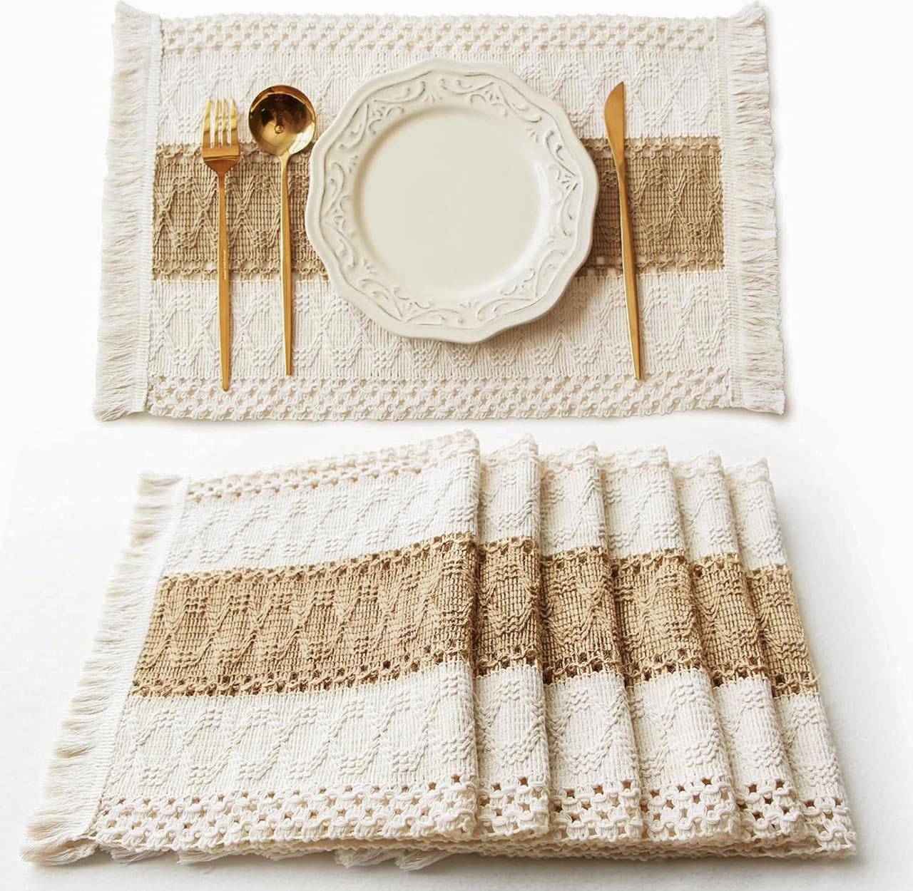 FEXIA Boho Placemats Set of 6, Macrame Table Decor Farmhouse Style Placemats in Natural Cotton Burlap, for Kitchen and Dining Table Centerpiece Home Decorations（Beige & Brown）