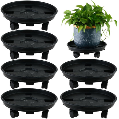 6 Packs 13 Inches Large Plant Caddy with Wheels Plant Saucers on Wheels Rolling Plant Stands Heavy-duty Plant Dolly Plastic Planter Roller Base Pot Movers Outdoor Plant Tray Coaster, Black