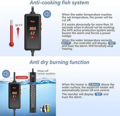 hygger 500w Aquarium Heater, Submersible Fish Tank Heater with Digital LED Controller and Intelligent Leaving Water Automatically Stop Heating System,for 75-130 Gallon Tanks