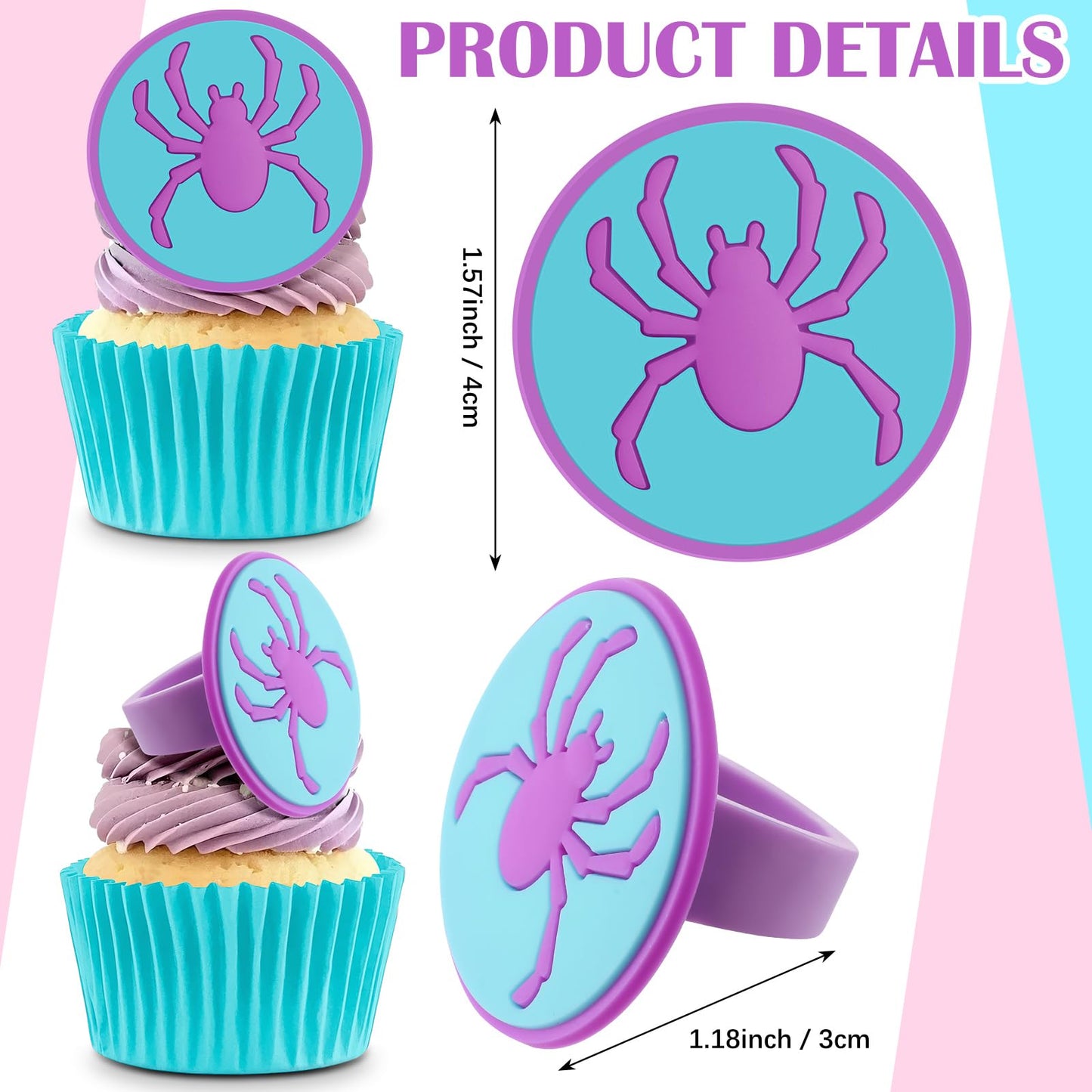 RoundFunny 48 Pcs Spider Cupcake Toppers Cake Decorations Spider Birthday Party Decoration Cupcake Dessert Rings Toppers for summer Party Gifts Classroom Prizes(Teal/Purple/Pink)