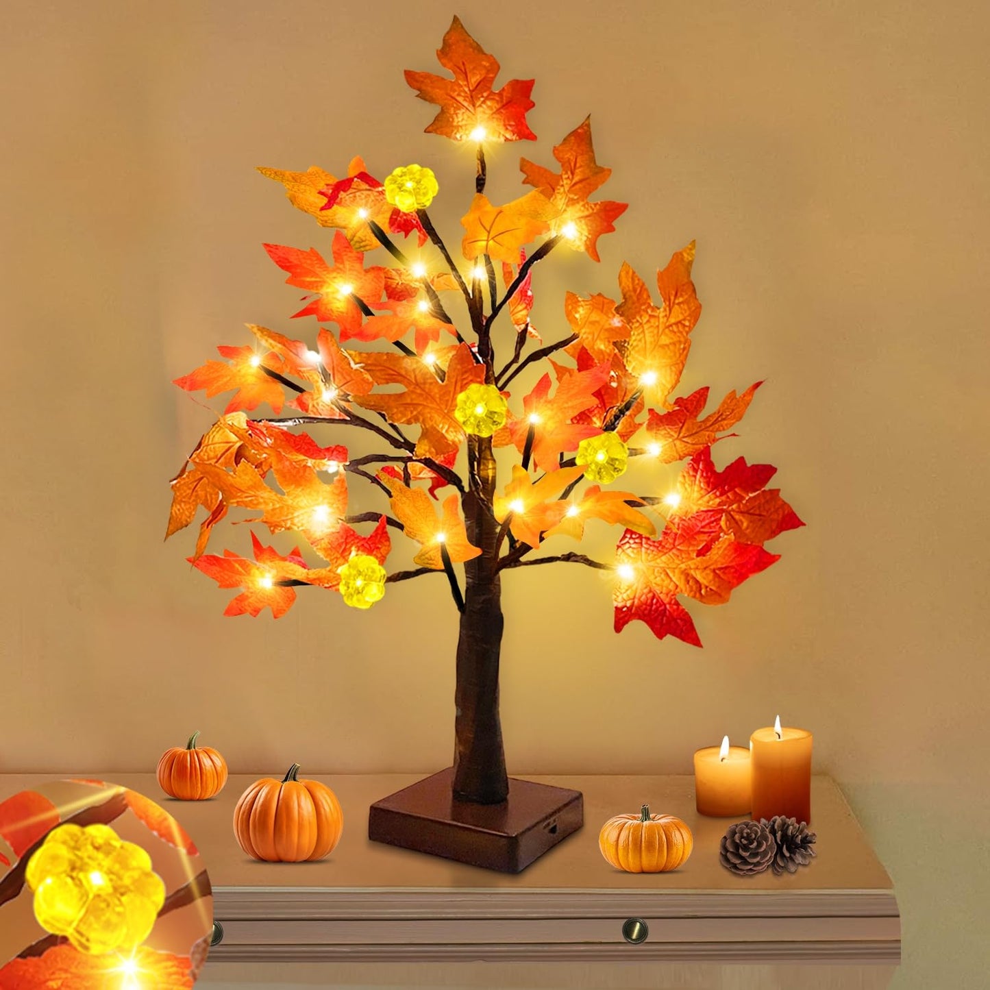 18 Inch Prelit Fall Maple Tree with Pumpkin Lights Timer Fall Decorations for Home, Battery Operated 24 Warm White LEDs for Autumn Halloween Thanksgiving Table Party Home Fall Decor Indoor Outdoor
