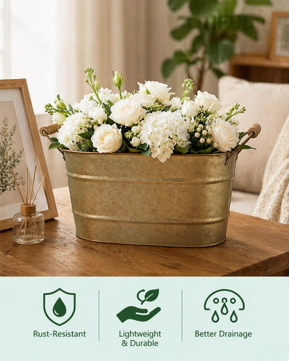 vensovo 15 Inch Galvanized Planters for Outdoor Plants - 3 Pcs Rustic Large Metal Flower Buckets with Drainage & Plug, Farmhouse Style Oval Planter Containers with Handles, Great for Home Decor