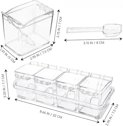 Qulfimea Clear Seasoning Box, 4 Pieces Acrylic Seasoning Rack Spice Jars with Spoons,Storage Container Condiment Jars - Cruet with Cover