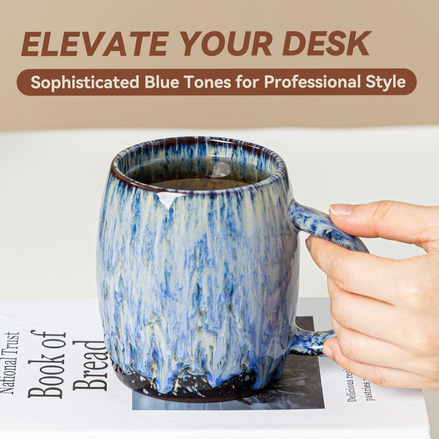 Unique Reactive Glaze Ceramic Coffee Mug - 14 oz Large Coffee Cup with Ergonomic Handle, Deep Sea Blue Mug for Coffee, Tea, Milk - Perfect Birthday & Housewarming Gift for Friends, Women, Men