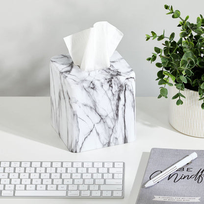 mDesign Metal Square Tissue Box Cover, Modern Facial Paper Holder - Accessories for Bathroom Vanity Countertop, Bedroom Dresser, Night Stand, Desk, Office and End Table - Unity Collection - Marble
