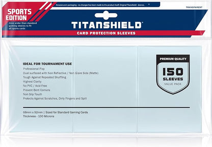 TitanShield Premium Card Sleeves | Compatible with Pokemon, One Piece, Lorcana, Flesh & Blood, & Magic The Gathering MTG | (150 Sleeves - Standard) (1, Clear, Sports Edition (2mm Wider) | 68x92mm)