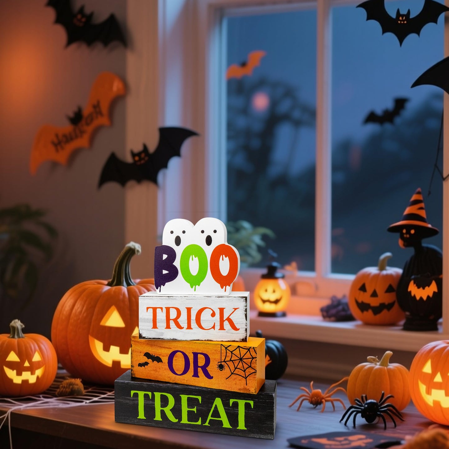 4 Pcs Halloween Wooden Tiered Tray Decor, Trick or Treat Decorations Gifts for Home, Halloween Table Centerpiece for Fall Party Kitchen